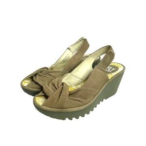 Fly London Yakin nubuck Leather Slingback Wedges Size 36 tan wedge comfort shoes